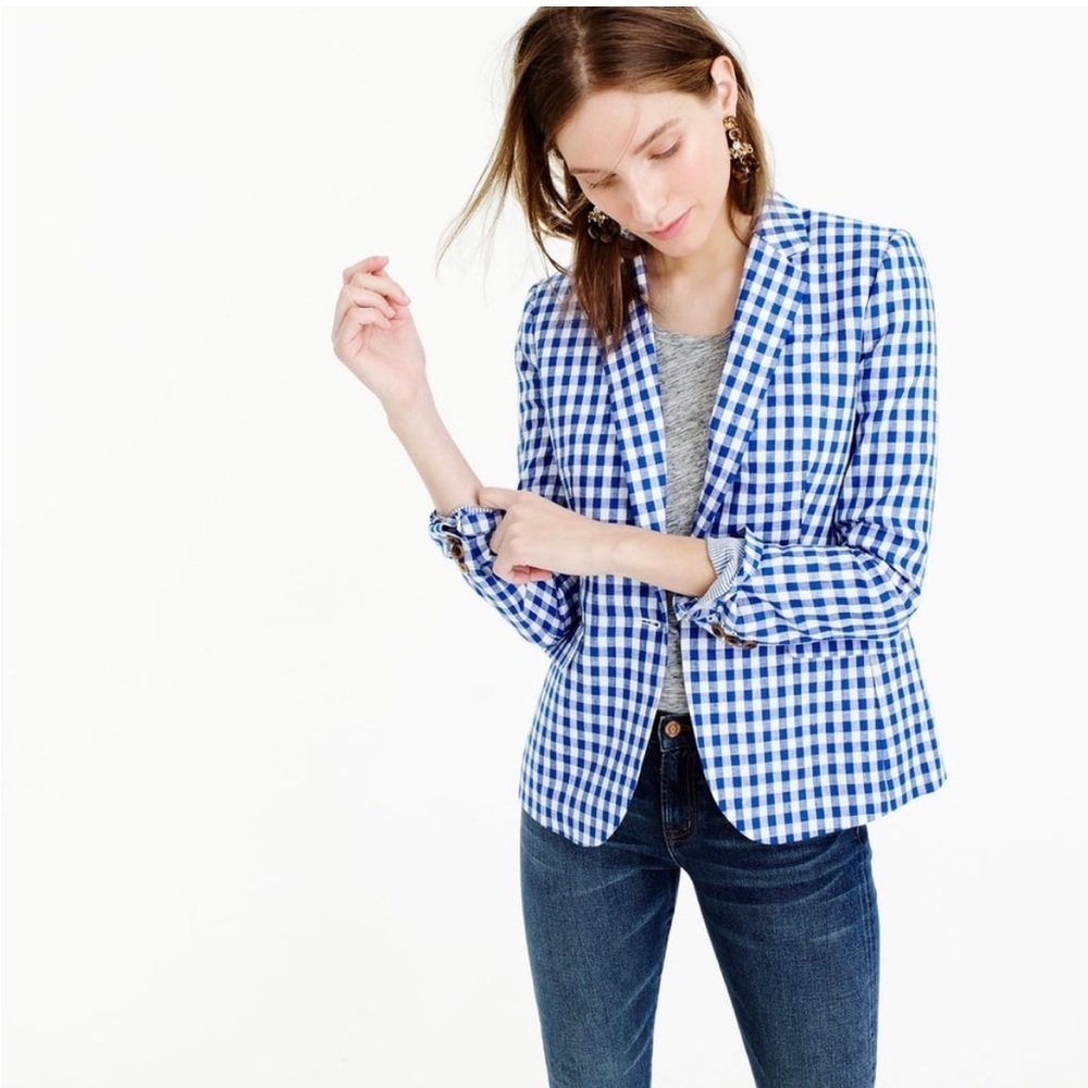 J. Crew Campbell 100% Linen Blazer Blue and White Gingham Checkered Size 2